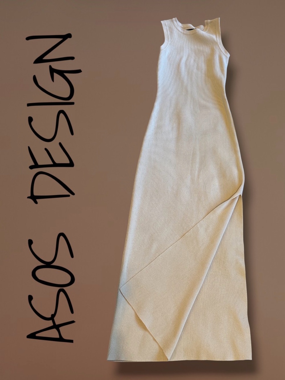 ASOS DESIGN Beige Ribbed Knit Sleeveless Slit Midi Dress US 4 UK 8